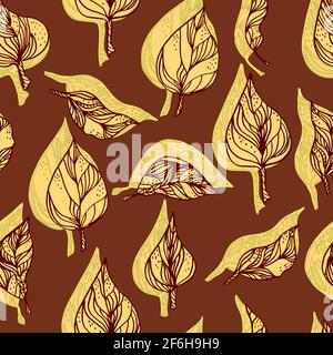 Blätter mit Ornamenten und Streifen.Vektor nahtlose Muster Kontur Blätter mit Ein Kontrastschatten Stockfoto