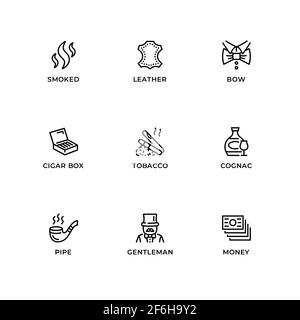 Vektor-Set von Design-Elementen, Logo-Design-Vorlage, Icons und Abzeichen für Gentleman. Liniensymbole gesetzt, editierbare Kontur. Stock Vektor