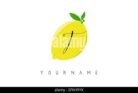 Handgeschriebenes T-Letter-Logo mit Zitronenhintergrund. Kreative Vektor-Illustration mit Zitrone und Buchstabe T. Stock Vektor