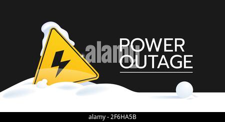 Das Banner eines Stromausfalls mit einem Warnschild, das mit Schnee bedeckt ist und in ihm aufsticht. Die Hauptelemente befinden sich auf einem durchgehenden schwarzen Hintergrund. Stock Vektor