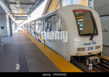 Millennium Line Skytrain-Kutsche. Das S-Bahn-System in der Region Metro Vancouver in British Columbia, Kanada. Stockfoto