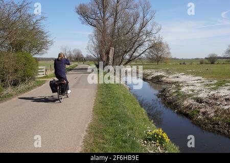 Ciclyst auf der Straße entlang der Wiesen und einem Graben (Naturschutzgebiet) zum niederländischen Dorf Bergen. Frühling, März, Niederlande Stockfoto