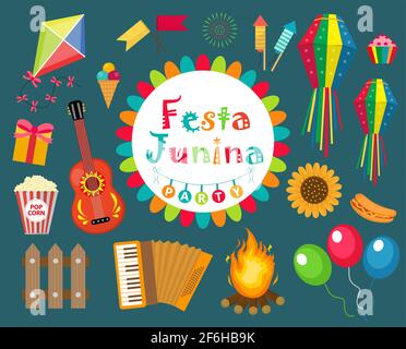 Festa Junina Set Ikonen, flacher Stil. Brasilianisches lateinamerikanisches Fest, Feier traditioneller Symbole. Sammlung von Designelementen. Vektor Stock Vektor