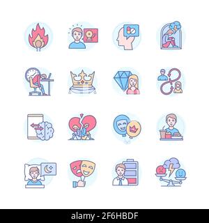 Psychologische Probleme - Linie Design Stil Symbole gesetzt. Vorstellung von psychischer Gesundheit. Angst, Depression, Narzissmus, emotionales Burnout, Technologieabhängigkeit. Ea Stock Vektor