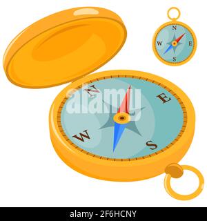 Goldener Reisekompass im Vintage-Look. Navigationskompass auf weißem Hintergrund. Geländeausrichtung oder -Richtung. Stockfoto