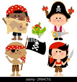 Kinder Piratenkapitän und Matrosenfiguren. Piratenkinder, Jungen und Mädchen in Piratenkostümen und Schatzkarte. Stockfoto
