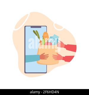 Online-Lebensmittelgeschäft einkaufen. Lebensmittelgeschäft kontaktlose Lieferung, flaches Internet Supermarkt App. Warenpaket vom Shop bis zum Haus ein Vektorkonzept Stock Vektor