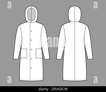 Slickermantel Sou'wester technische Mode-Illustration mit Kapuze, langen Ärmeln, aufgesetzten Taschen, übergroßen Körper, knielang. Flache Jacke Schablone vorne, hinten, weiße Farbe. Frauen, Männer, Unisex-CAD-Modell Stock Vektor