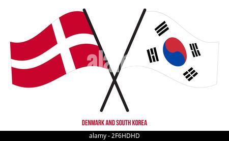 Dänemark und Südkorea Flaggen gekreuzt und winken Flat Style. Offizieller Anteil. Korrigieren Sie Die Farben. Stockfoto