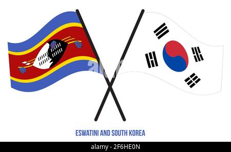 Eswatini und Südkorea Flaggen gekreuzt und winken Flat Style. Offizieller Anteil. Korrigieren Sie Die Farben. Stockfoto