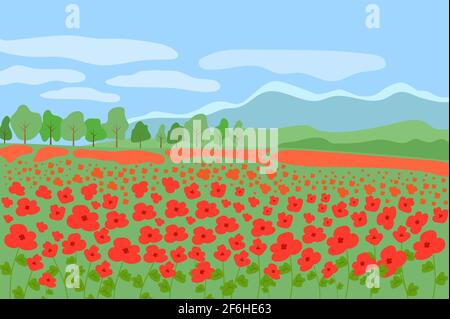 Rote Mohnblumen Feld schöne natürliche Landschaft der französischen Provence, Landschaft hellen Hintergrund mit Wald, Berge an einem sonnigen Sommertag Stock Vektor