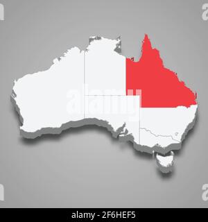 Lage der Region Queensland innerhalb der isometrischen 3D-Karte von Australien Stock Vektor