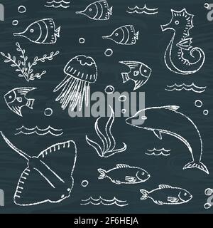 Nahtlose Kreidetafel mit Doodle Meerestieren Stock Vektor