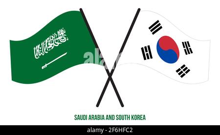 Saudi-Arabien und Südkorea Flaggen gekreuzt und winken Flat Style. Offizieller Anteil. Korrigieren Sie Die Farben. Stockfoto