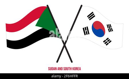 Sudan und Südkorea Flaggen gekreuzt und winken Flat Style. Offizieller Anteil. Korrigieren Sie Die Farben. Stockfoto