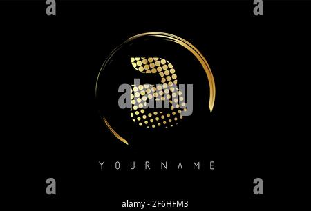 Goldenes B-Buchstaben-Logo-Design mit goldenen Punkten und Kreisrahmen auf schwarzem Hintergrund. Kreative Vektor-Illustration mit goldener Farbe und Buchstabe B. Stock Vektor