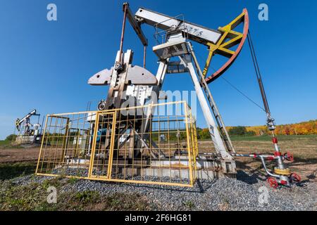 Ölpumpenheber. Ein Pumpjack ist der Überflure-Antrieb für eine Hubkolbenpumpe in einer Ölbohrung. Es wird verwendet, um die Flüssigkeit mechanisch aus dem Wel zu heben Stockfoto