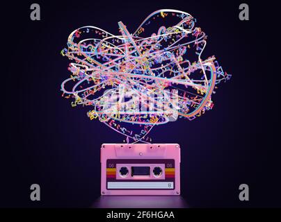 Ein Konzept, das eine pinke Vintage-Audiokassette mit zeigt Ein entwirrtes Farbband in Regenbogenfarben und Musiknoten auf einem Isolierter dunkler Hintergrund - 3D ren Stockfoto