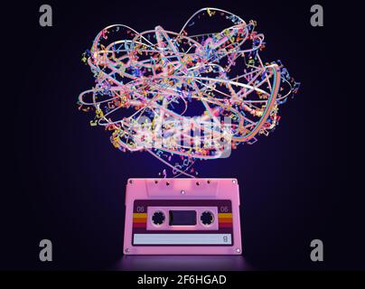 Ein Konzept, das eine pinke Vintage-Audiokassette mit zeigt Ein entwirrtes Farbband in Regenbogenfarben und Musiknoten auf einem Isolierter dunkler Hintergrund - 3D ren Stockfoto