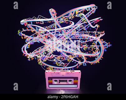 Ein Konzept, das eine pinke Vintage-Audiokassette mit zeigt Ein entwirrtes Farbband in Regenbogenfarben und Musiknoten auf einem Isolierter dunkler Hintergrund - 3D ren Stockfoto