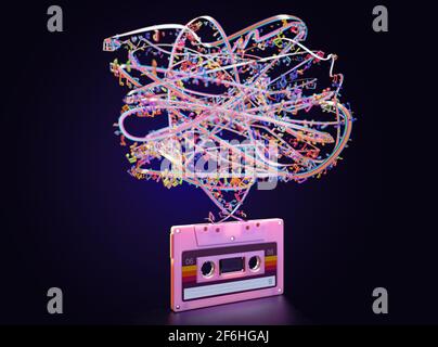 Ein Konzept, das eine pinke Vintage-Audiokassette mit zeigt Ein entwirrtes Farbband in Regenbogenfarben und Musiknoten auf einem Isolierter dunkler Hintergrund - 3D ren Stockfoto