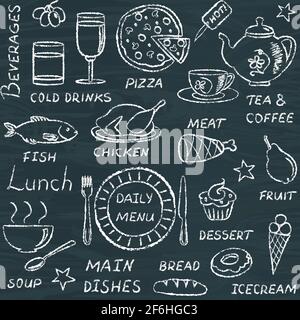Nahtlose Kreidetafel mit handgezeichneten Menüelementen Stock Vektor