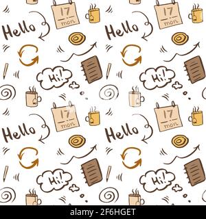 Grünes und blaues Morgen-Bürokonzept. Vektor Doodle nahtloses Muster Stock Vektor