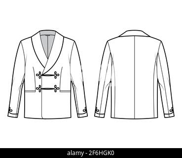 Smoking Jacket technische Mode-Illustration mit zweireihigen, langen Ärmeln, Schalkragen, Besom-Taschen. Flaches Schlafanzugoberteil mit Mantelvorlage vorne, hinten, in weißer Farbgebung. Frauen Männer Unisex CAD Mockup Stock Vektor