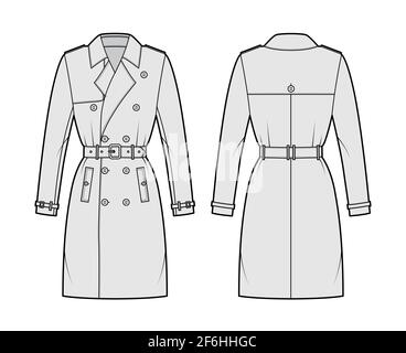 Trenchcoat technische Mode-Illustration mit Gürtel, zweireihig, tailliert, breiter Reverskragen, knielang, Sturmklappe. Flache Jacke Schablone vorne, hinten, graue Farbe Stil. Frauen Unisex-CAD-Modell Stock Vektor