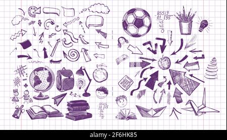 Zurück in die Schule große Kritzeleien auf der Tafel. Vektorgrafik. Stock Vektor