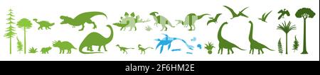 Grüne Dino-Silhouetten, Vektorgrafik isoliert auf weißem Hintergrund. Dinosaurier, jurassische Wildtiere. Stock Vektor