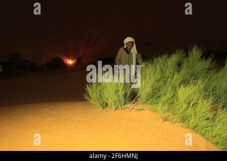 Beduinen am mystischen Lagerfeuer in der Wüste bei Nacht (Sahara, Merzouga) Stockfoto