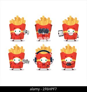 Pommes frites Cartoon-Figur spielen Spiele mit verschiedenen niedlichen Emoticons. Vektorgrafik Stock Vektor