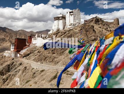 Namgyal Tsemo Gompa mit Gebetsfahnen - Leh - Ladakh - Jammu und Kaschmir - Indien Stockfoto