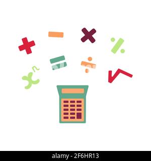 Vektordarstellung des Rechners mit isolierten mathematischen Zeichen. Plus, Minus, Division, Multiplikation, gleich, Wurzel einer Zahl, Grad Stock Vektor