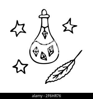 Zaubertrank in einer Flasche, Hexerei. Zauberelixier. Rubinförmiges Medaillon. Sterne und Federn. Schwarz-Weiß-Vektorgrafik im Doodle-Stil Stock Vektor