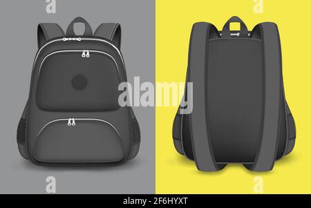 Rucksack-Mockup-Set, Vektor-isolierte Illustration. Realistische schwarze Schultasche, Rucksack mit Reißverschluss, Griff, Riemen Stock Vektor