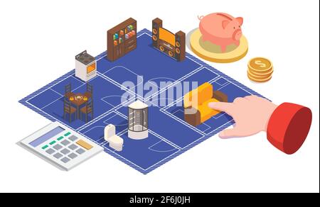 Hausentwurf und Design Vektor Konzept Illustration. isometrischer 3d-Grundrissplan, Blaupause, Raumeinrichtung mit Möbeln Stock Vektor