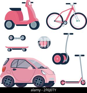 Elektrofahrzeug-Set, für Mädchen und Frauen. Moderne Elektroroller, Gyroskop, Skateboard, Fahrrad, Moped, Auto. Vektordarstellung eines umweltfreundlichen alternativen Transports. Flacher Stil, rosa, isolierter Hintergrund Stock Vektor