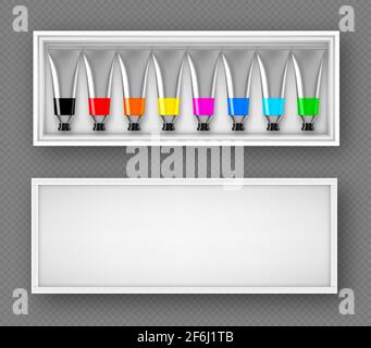 Satz von Farben Röhren in Box Draufsicht, bunte Palette mit Öl- oder Acryl-Farbstoff in Metall-Aluminium-Flaschen mit schwarzen Schraubverschlüssen isoliert auf transparentem Hintergrund, realistische 3d-Vektor-Illustration Stock Vektor