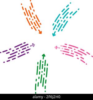 Farbige gepunktete Pfeile in der Mitte. Bewegen Sie sich in die Mitte der Abbildung. Setzen Sie einen Pfeil in einem modernen Stil. Dinamic Linie isoliert auf weißem Hintergrund Stock Vektor