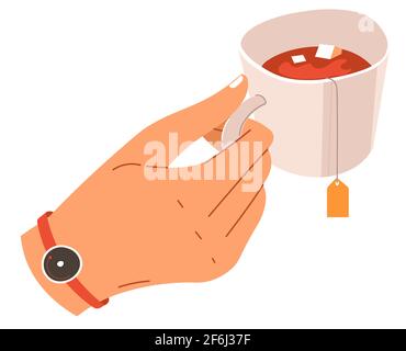 Hand hält Tasse warm gegossenen Tee mit Teebeutel Stock Vektor