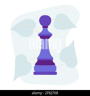 Schachfigur. Vektor flach bunte isolierte Illustration. Abstrakter blauer Fleck und Blätter auf dem Hintergrund. Chessman Stock Vektor