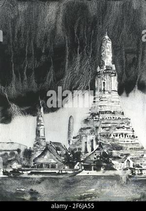 Wat Arun in Bangkok, Thailand Wasserkoor Malerei. S&W Art of Wat Arun Thailand Temple Artwork Bangkok City Stockfoto