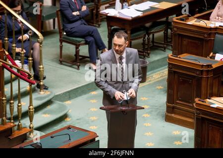 Maxime Prevot von CDH, aufgenommen während einer Plenarsitzung der Kammer im bundestag in Brüssel, Donnerstag, den 01. April 2021. BELGA FOTO HATIM Stockfoto