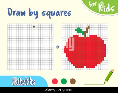 Kopieren Sie das Bild. Spiel für kleine Kinder Zeichnen Sie einen Apfel von Zellen. Red Apple Cartoon, Zeichnen Fähigkeiten Training. Pädagogische Papier-Spiel für Kinder. vektor Stock Vektor
