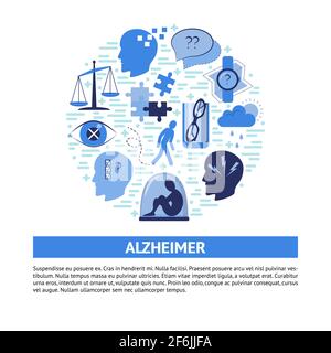 Alzheimer-Symptome rund Konzept in flacher Art. Banner oder Poster-Vorlage mit Krankheitszeichen für Senioren. Medizinische Illustration mit Platz für Text. Stock Vektor