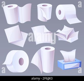 Toilettenpapier, Handtuch mit Perforation, Servietten in Kartonschachtel, zerknitterte Seite und Rollen. Hygiene- oder Bürozubehör isoliert auf grauem Hintergrund, Cartoon-Vektorgrafik, Set Stock Vektor