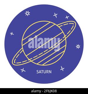 Planet Saturn-Ikone im Thin-Line-Stil. Solarsystem Raumelement mit Ringen in rundem Rahmen. Stock Vektor
