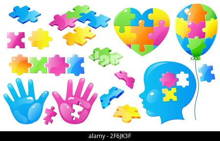 Stellen Sie Autismus Welt Tag Bewusstsein, bunte Puzzleteile, Kinderkopf und offene Handfläche mit Loch, Herz Figur und Ballon isoliert auf weißem Hintergrund, internationale Solidarität Cartoon Symbole Vektor-Symbole Stock Vektor